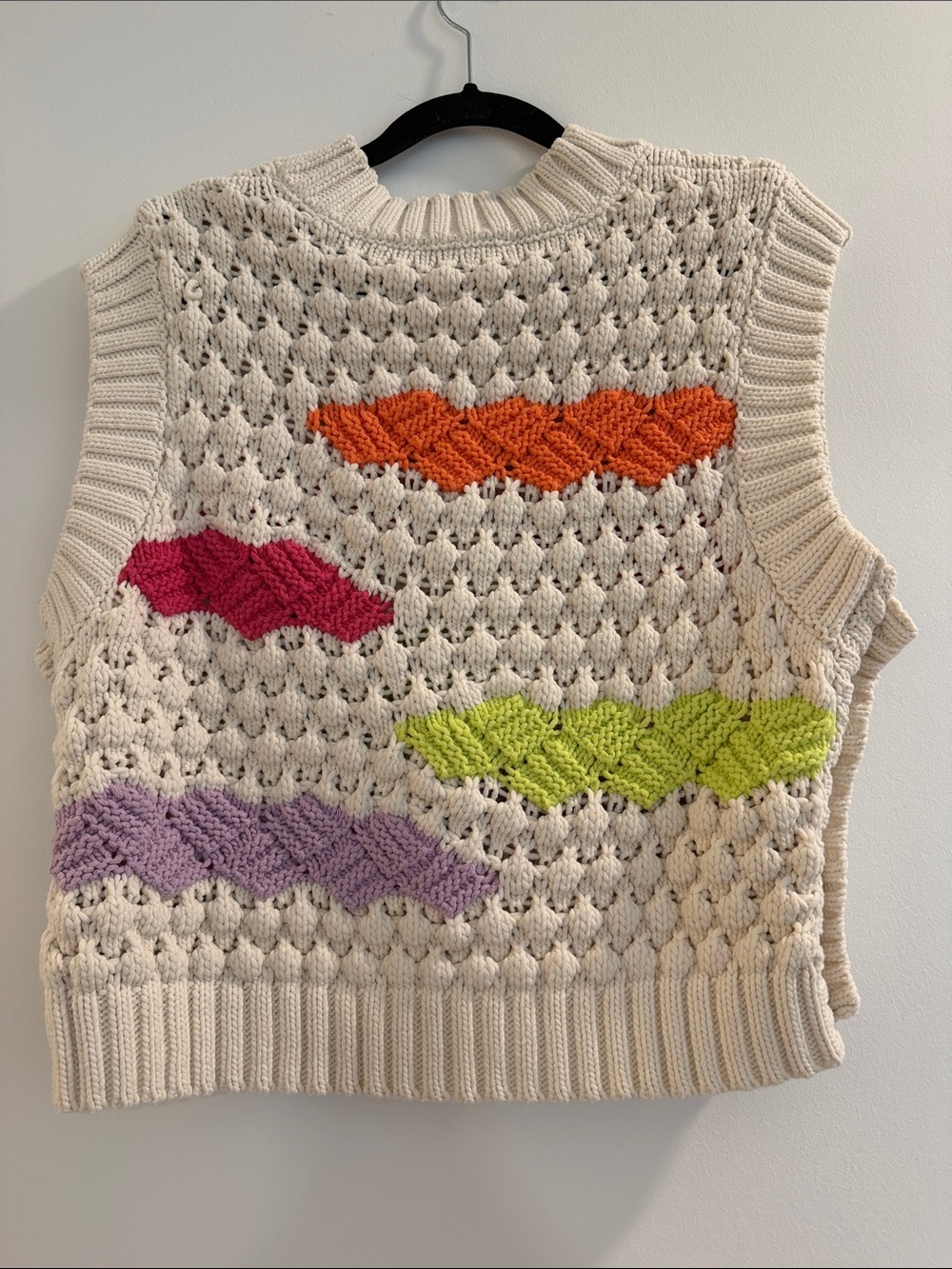 Zara Cream V-Neck Sweater Vest with Pink, Orange, Lime, and Lavender Accents - Picture 5 of 6